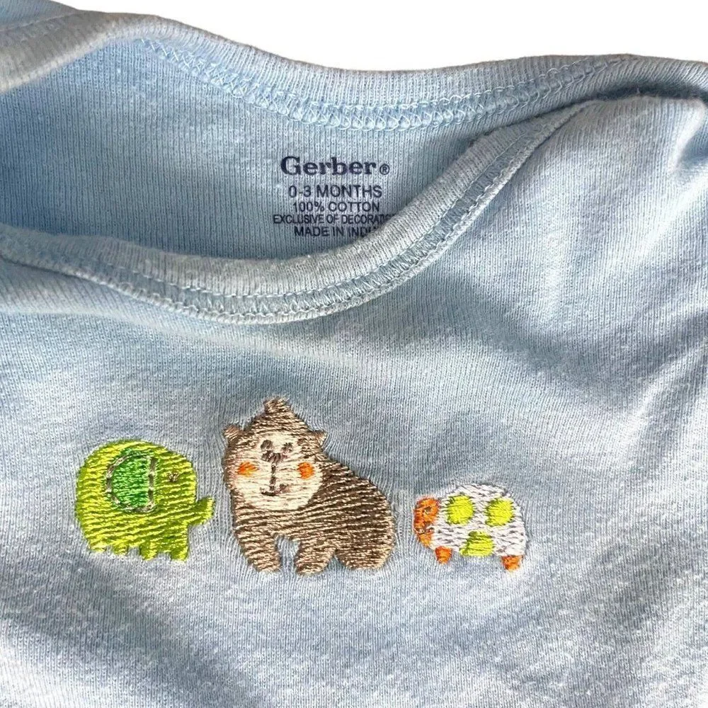 Gerber Baby Boy Blue Bodysuit One Piece Short Sleeve Size 0-3 Months Animals Top